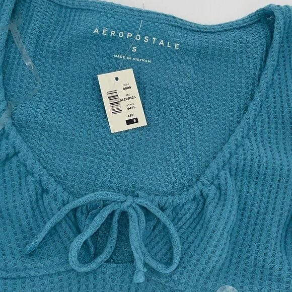 Aeropostale Womens Stretch Long Sleeve Tie-Front Cropped Top Blue Small NWT‎ - Picture 2 of 5
